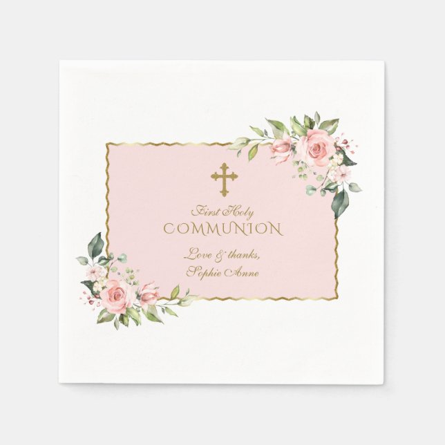 Elegant Blush Flowers Gold Cross Holy Communion Napkin (Front)