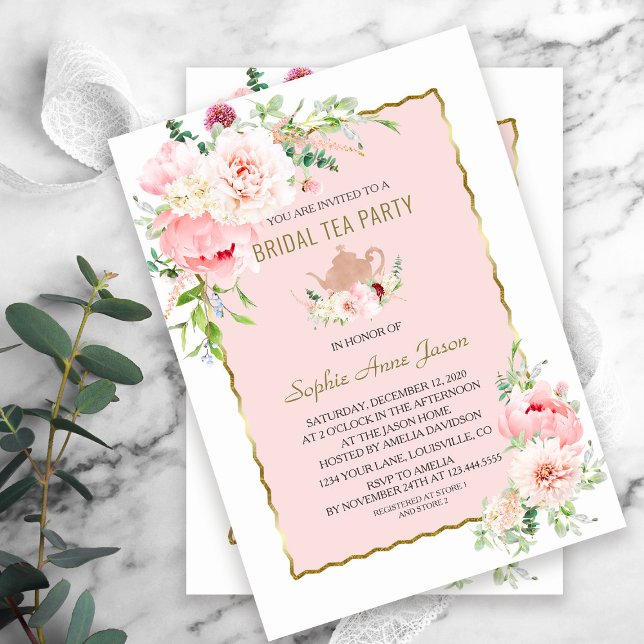 Elegant Blush Flowers Gold Frame Bridal Tea Party Invitation (elegant trendy gold pink flowers bridal tea party invitation)