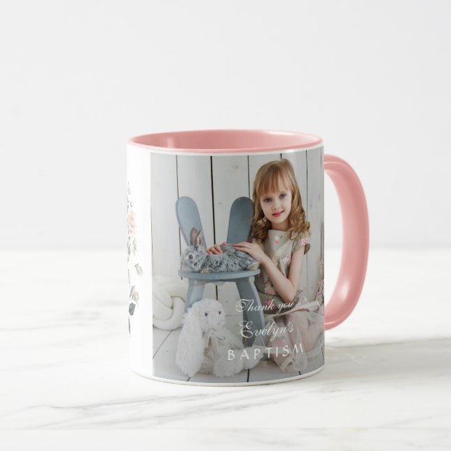 Elegant Blush Flowers Wreath Girl Photo Baptism Mug (Front Right)