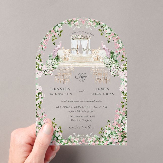 Elegant Blush Garden Wedding with Monogram  Acrylic Invitations (Insitu (Handheld))