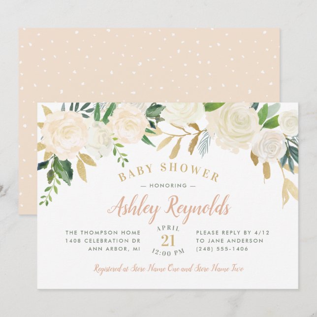 Elegant Blush Gold and Green Floral Baby Shower Invitation (Front/Back)