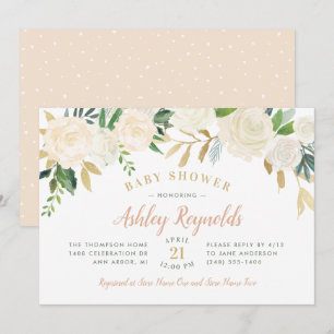 Elegant Blush Gold and Green Floral Baby Shower Invitation