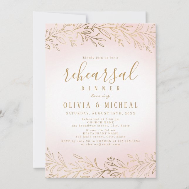 Elegant blush gold botanical rehearsal dinner invitation (Front)