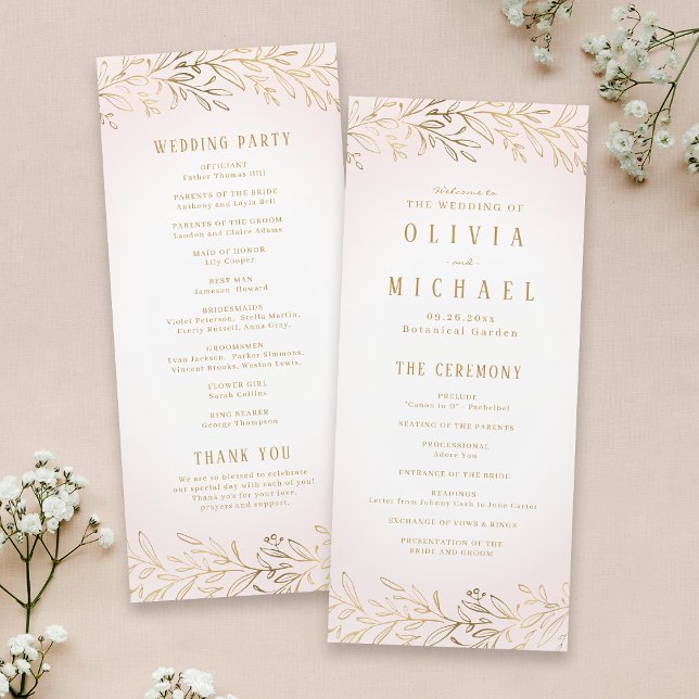 Elegant blush gold botanical wedding program menu (Elegant blush gold botanical wedding program)