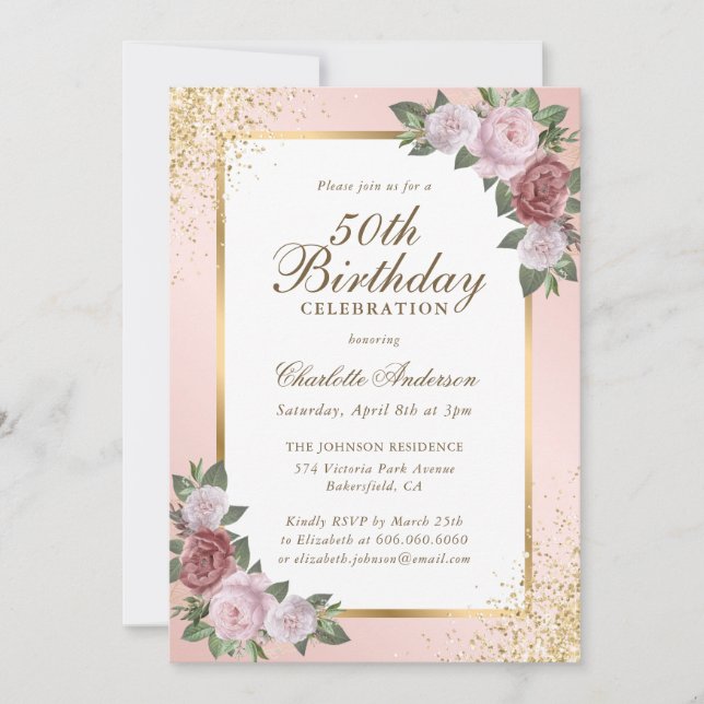 Elegant Blush Gold Confetti Floral 50th Birthday Invitation (Front)