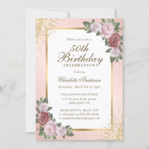 Elegant Blush Gold Confetti Floral 50th Birthday