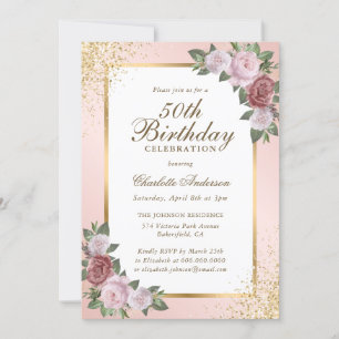Elegant Blush Gold Confetti Floral 50th Birthday Invitation