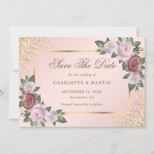 Elegant Blush Gold Confetti Floral Wedding Save The Date