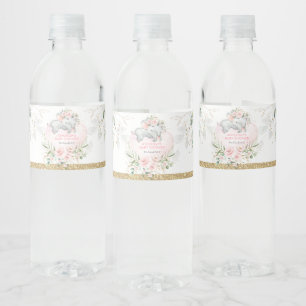 Elegant Blush Gold Floral Baby Elephant Shower Water Bottle Label