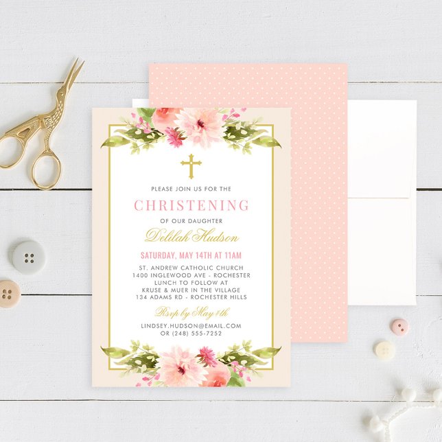 Elegant Blush Gold Floral Baby Girl Christening Invitation (Creator Uploaded)