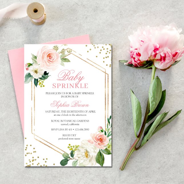 Elegant Blush Gold Floral Baby Sprinkle Brunch Invitation (Pink Floral Baby Sprinkle Invitation)