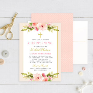 Elegant Blush Gold Floral Girl Christening Invitation