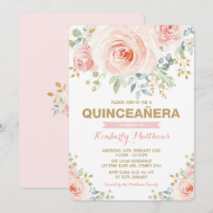 Elegant Blush Gold Floral Greenery Quinceañera Invitation