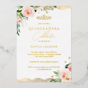 Elegant Blush Gold Floral Lace Photo Quinceanera 
