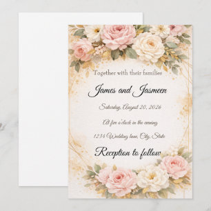 Elegant Blush & Gold Floral Wedding Invitation
