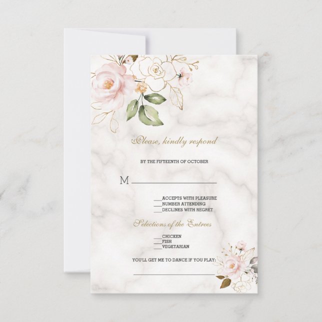 Elegant Blush Gold Flowers Song Request Wedding RSVP Card (Front)