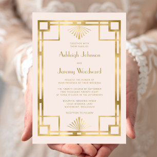 Elegant Blush Gold Geo Vintage 1920s Deco Wedding Invitation