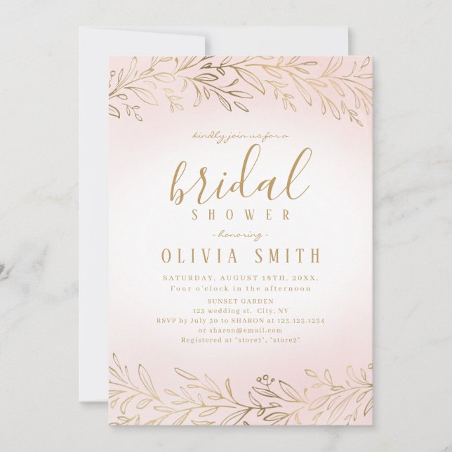 Elegant blush gold gilded botanical bridal shower invitation (Front)