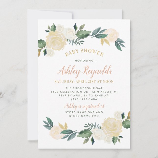 Elegant Blush Gold Green Floral Girl Baby Shower Invitation (Front)