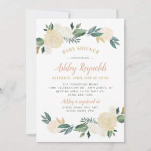 Elegant Blush Gold Green Floral Girl Baby Shower Invitation