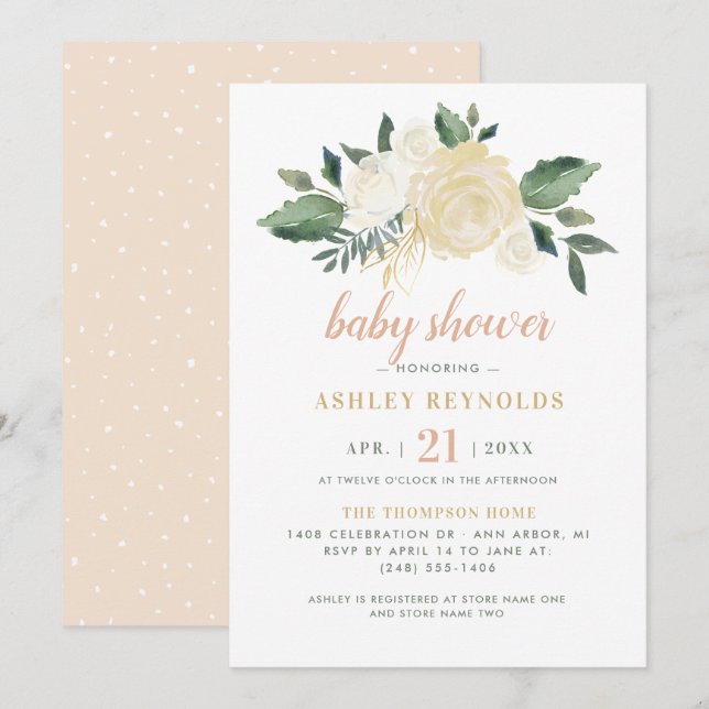 Elegant Blush Gold Green Floral Girl Baby Shower Invitation (Front/Back)