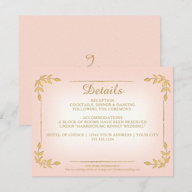 Elegant Blush Gold Greenery Classy Wedding Details Invitation (Front/Back)