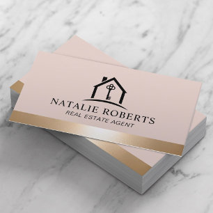 Elegant Blush & Gold House Logo Real Estate Agent Business Card