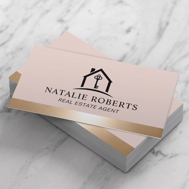Elegant Blush & Gold House Logo Real Estate Agent Business Card (Creator Uploaded)