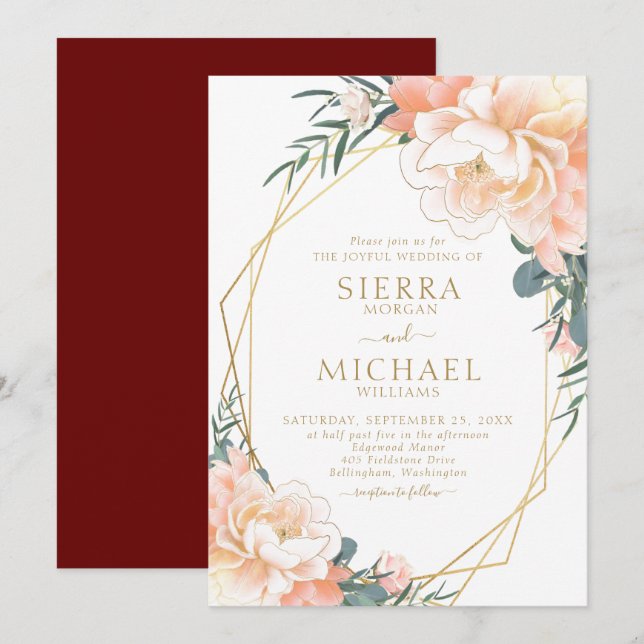 Elegant Blush Gold Peach Burgundy Floral Wedding Invitation (Front/Back)