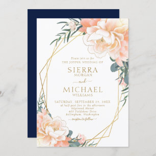 Elegant Blush Gold Peach Navy Blue Floral Wedding Invitation