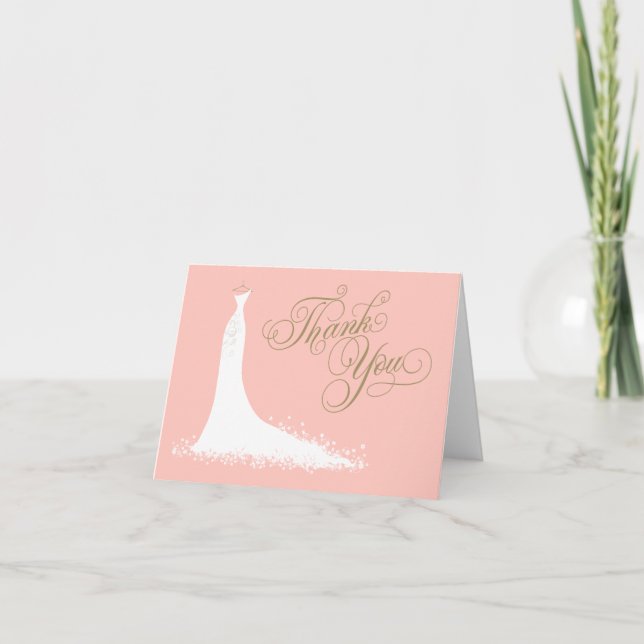 Elegant Blush Gold Wedding Gown Bridal Shower Thank You Card (Front)