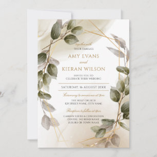 Elegant Blush Green & Gold Watercolor Wedding Invitation