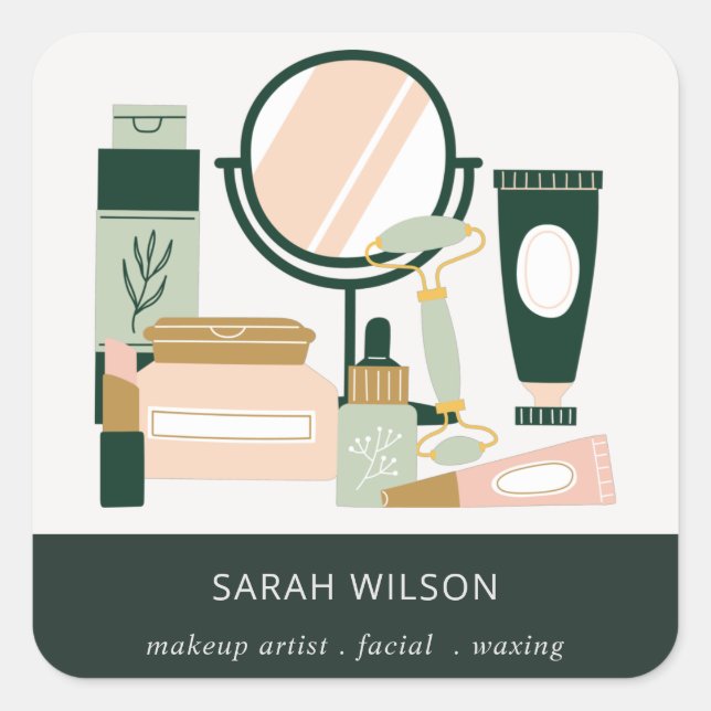 Elegant Blush Green Makeup Artist Cosmologist Square Sticker (Front)