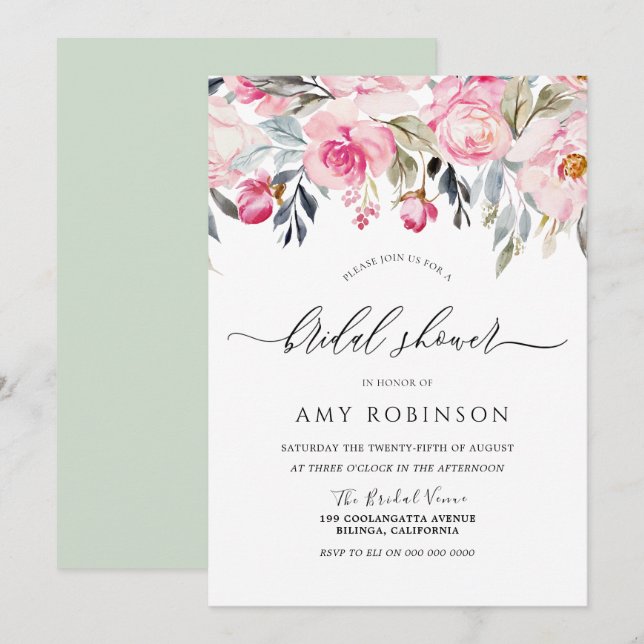 Elegant Blush & Greenery Floral Bridal Shower Invitation (Front/Back)