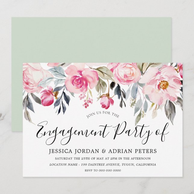Elegant Blush & Greenery Floral Engagement Party Invitation (Front/Back)