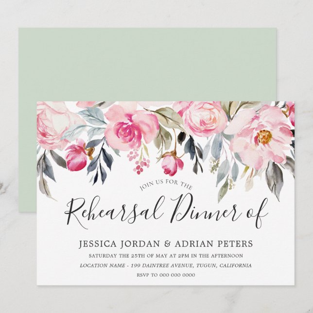 Elegant Blush & Greenery Floral Rehearsal Dinner Invitation (Front/Back)