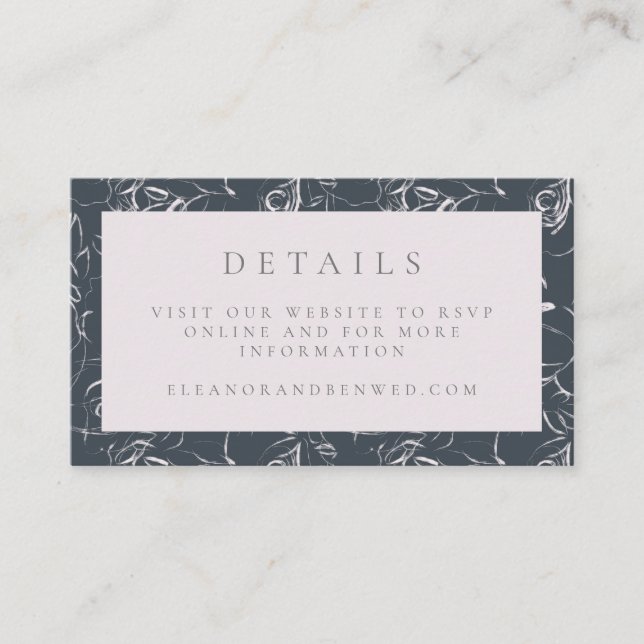 Elegant Blush Grey Floral Drawing Wedding Website Enclosure Card (Front)