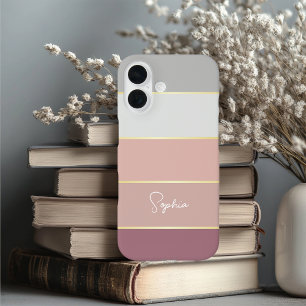 Elegant blush grey gold Personalized Color Stripes iPhone 16 Case