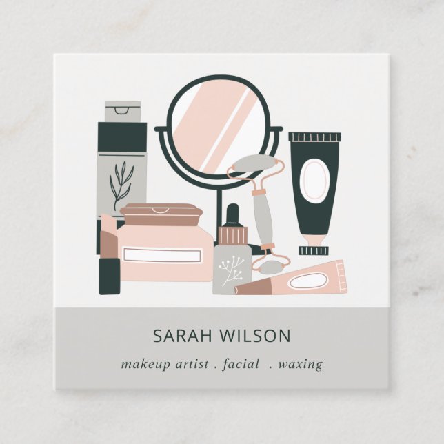 Elegant Blush Grey Makeup Artist Cosmologist Square Business Card (Front)