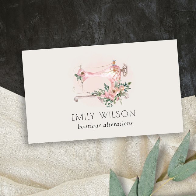 Elegant Blush Grey Sewing Machine Floral Tailor Business Card (Creator Uploaded)