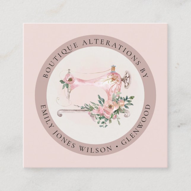 Elegant Blush Grey Sewing Machine Floral Tailor Square Business Card (Front)