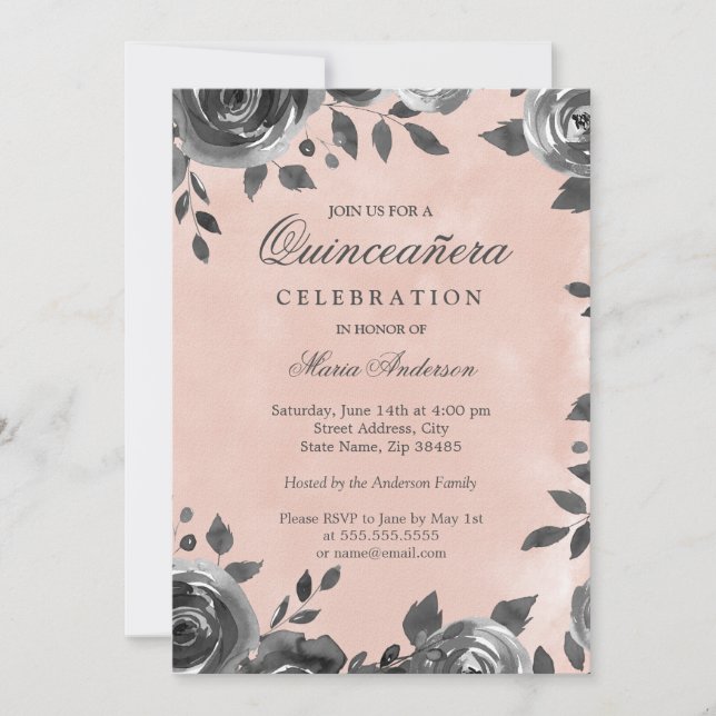 Elegant Blush & Grey Watercolor Quinceanera Invite (Front)