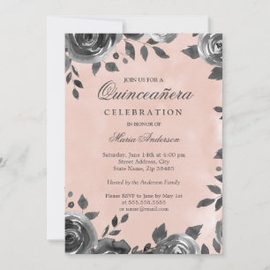 Elegant Blush & Grey Watercolor Quinceanera Invite