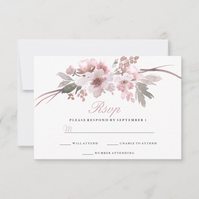 Elegant Blush & Grey White floral Wedding RSVP Card (Front)