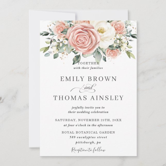 Elegant Blush Ivory Floral Roses Flowers Wedding Invitation (Front)