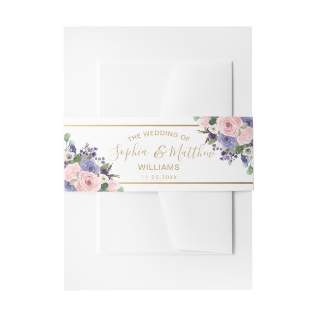 Elegant Blush Lavender Floral Roses Gold Wedding Invitation Belly Band (Front Example)