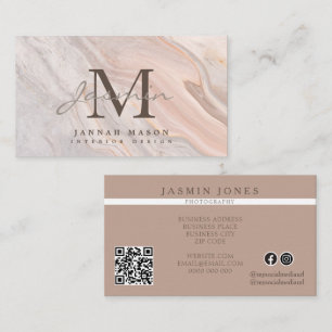 Elegant Blush Marble Monogram QR Code Business Card