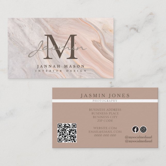 Elegant Blush Marble Monogram QR Code Business Card (Front/Back)