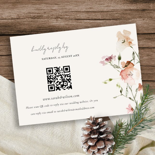 Elegant Blush Meadow Floral Wedding RSVP QR Code Enclosure Card (Creator Uploaded)