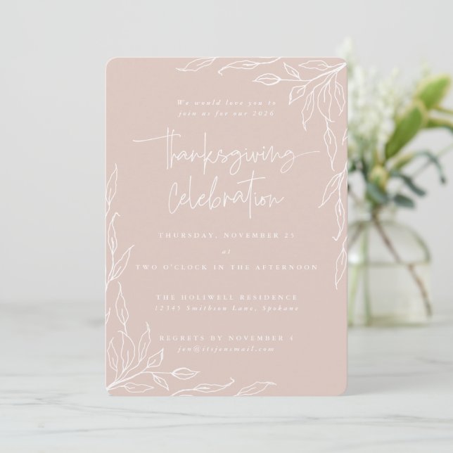 Elegant Blush Modern Leaf Motif Thanksgiving Invitation (Standing Front)